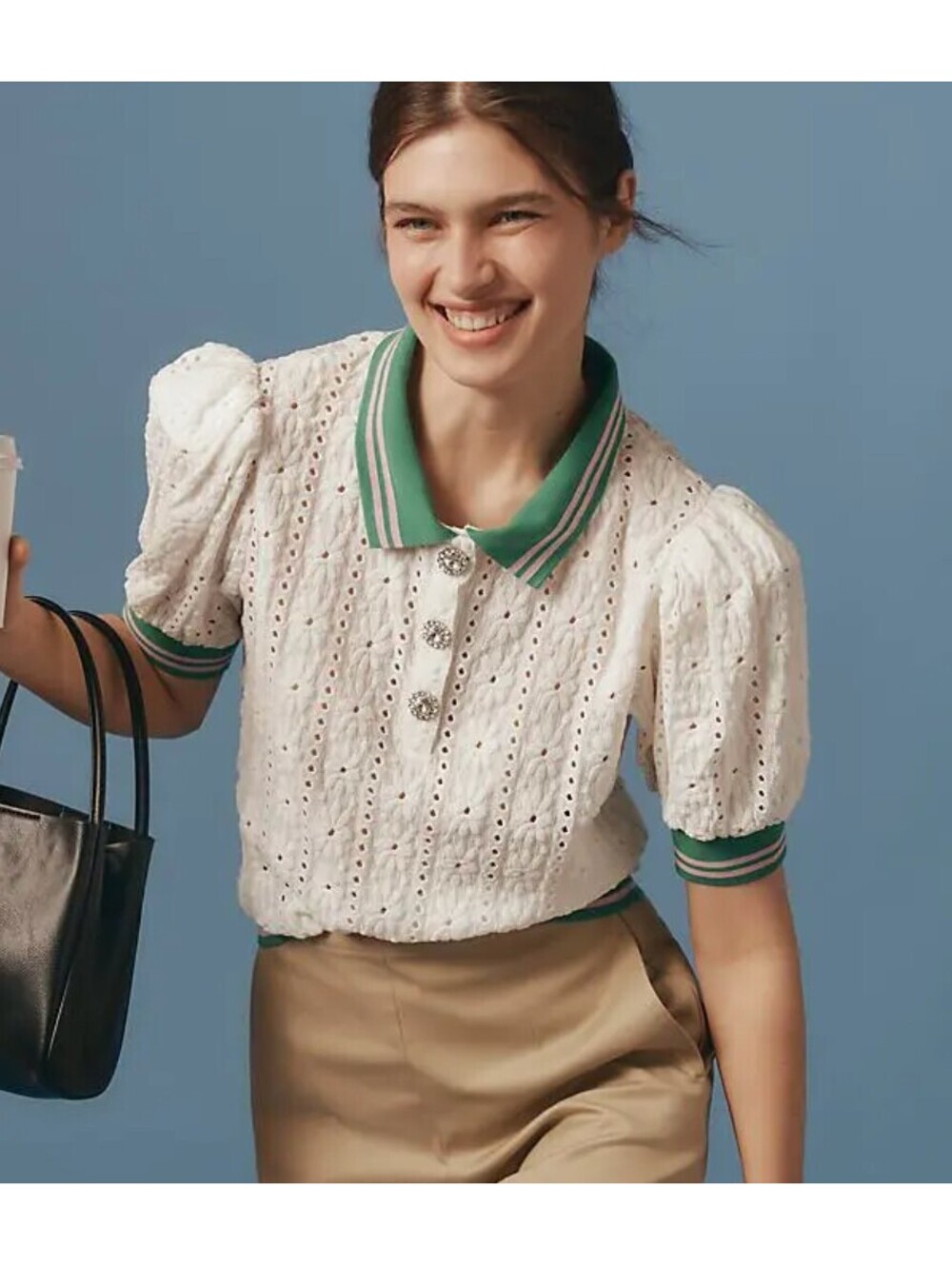 Maeve Puff Sleeve Eyelet Lace Polo Top M White Green Pink Jeweled Button Anthro